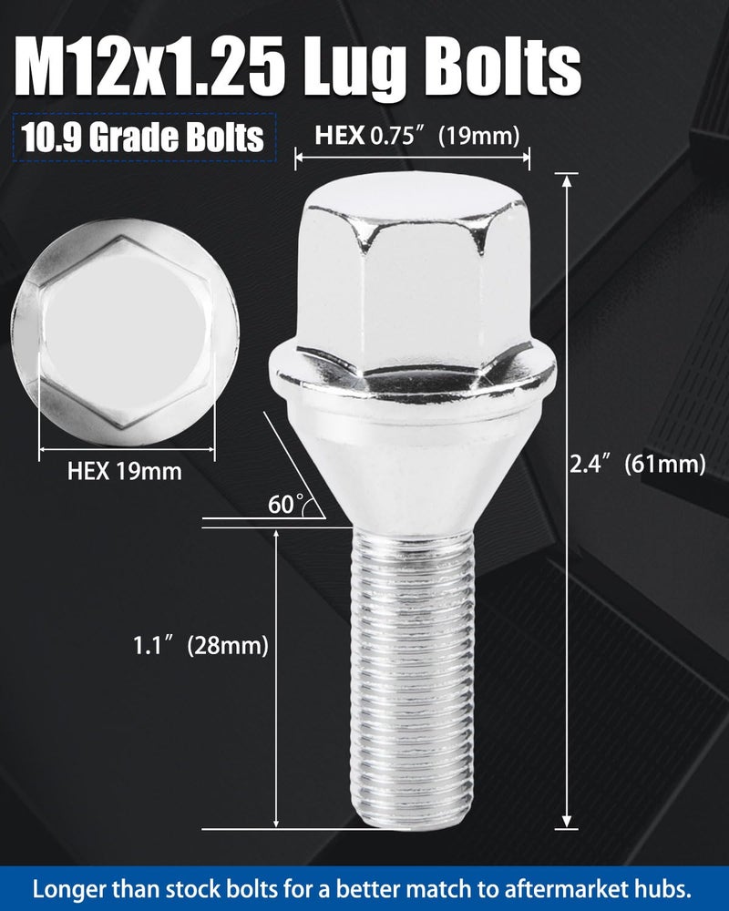 GAsupply 12X1.25 OEM Lug Bolts, Fit for 2015-2022 Jeep Renegade, 2018-2022 Compass, 2014-2022 Cherokee, 20pcs 28mm Shank One-Piece Factory Style Chrome Wheel Lug Bolt, 19mm Hex Stock Stud, Cone Seat - Image 2